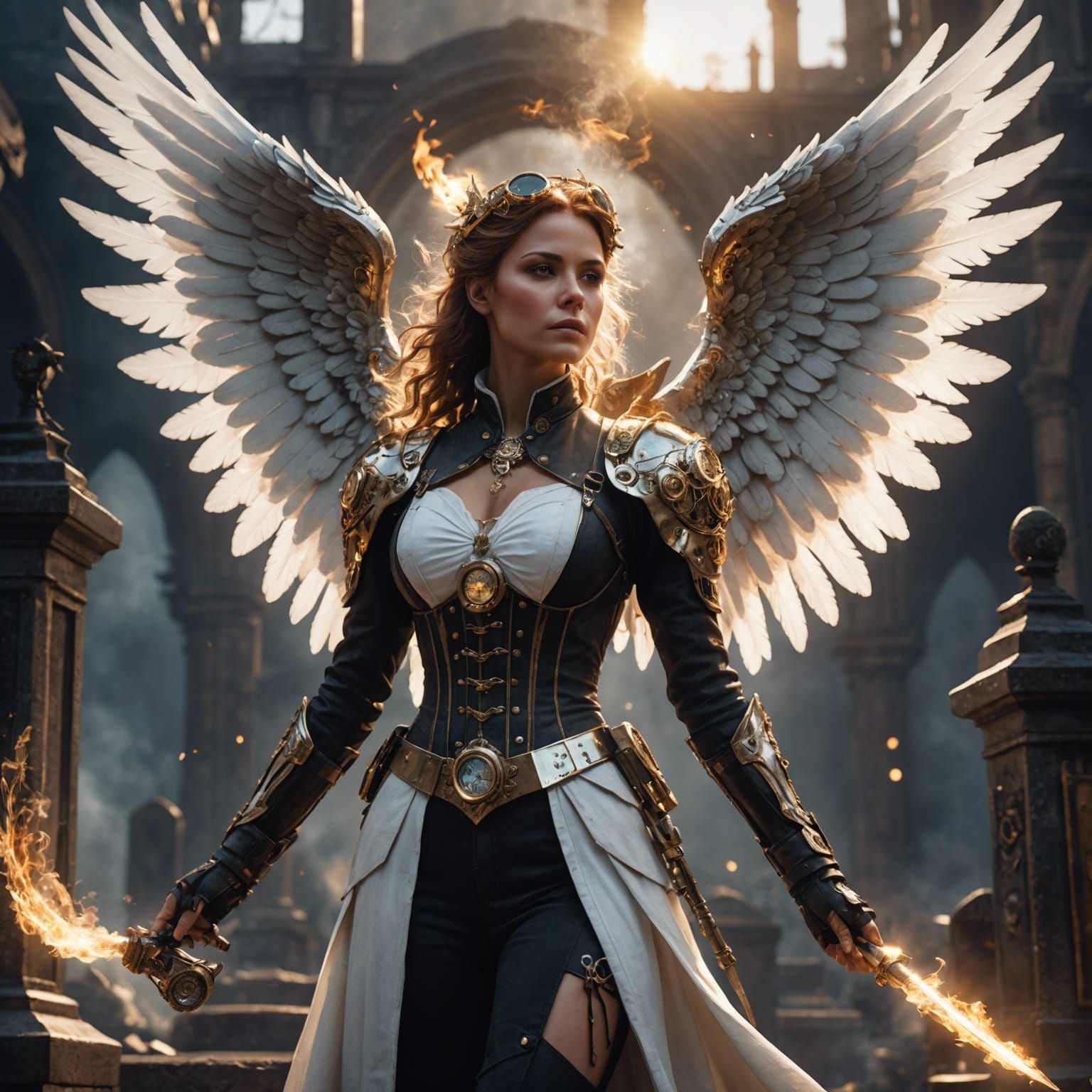 Steampunk Angel with White Wings in Graveyard