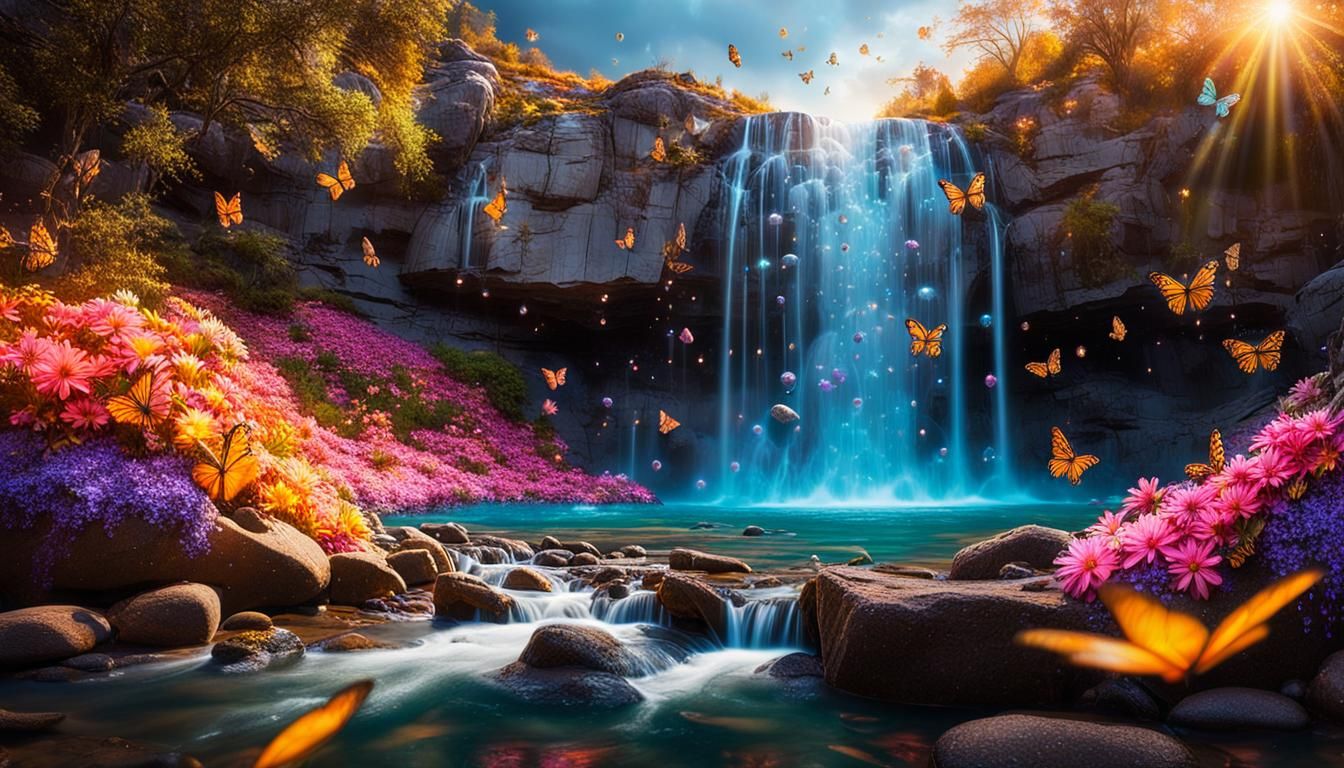 Radiant Waterfall in Surreal Pastel Landscape