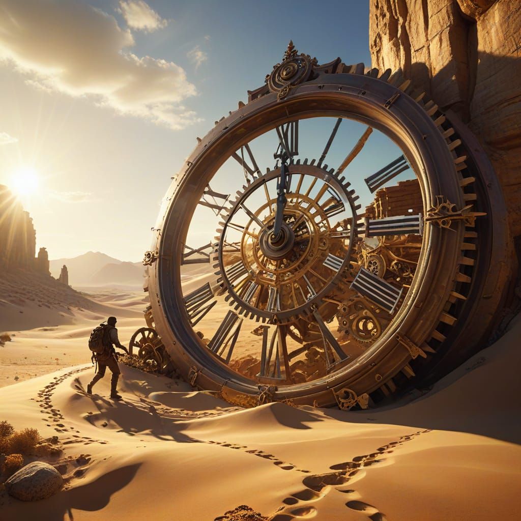Ancient Clock in Desert Oil Painting - Surreal Concept Art