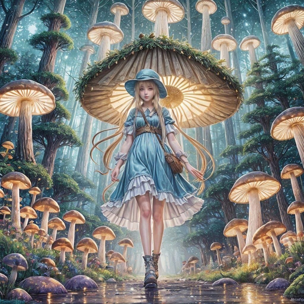 Girl in Mushroom Hat Enters Glowing Forest: Anime Art