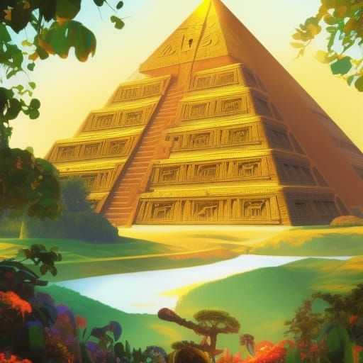 Golden Aztec Pyramid in Green Forest: 3D Digital Art