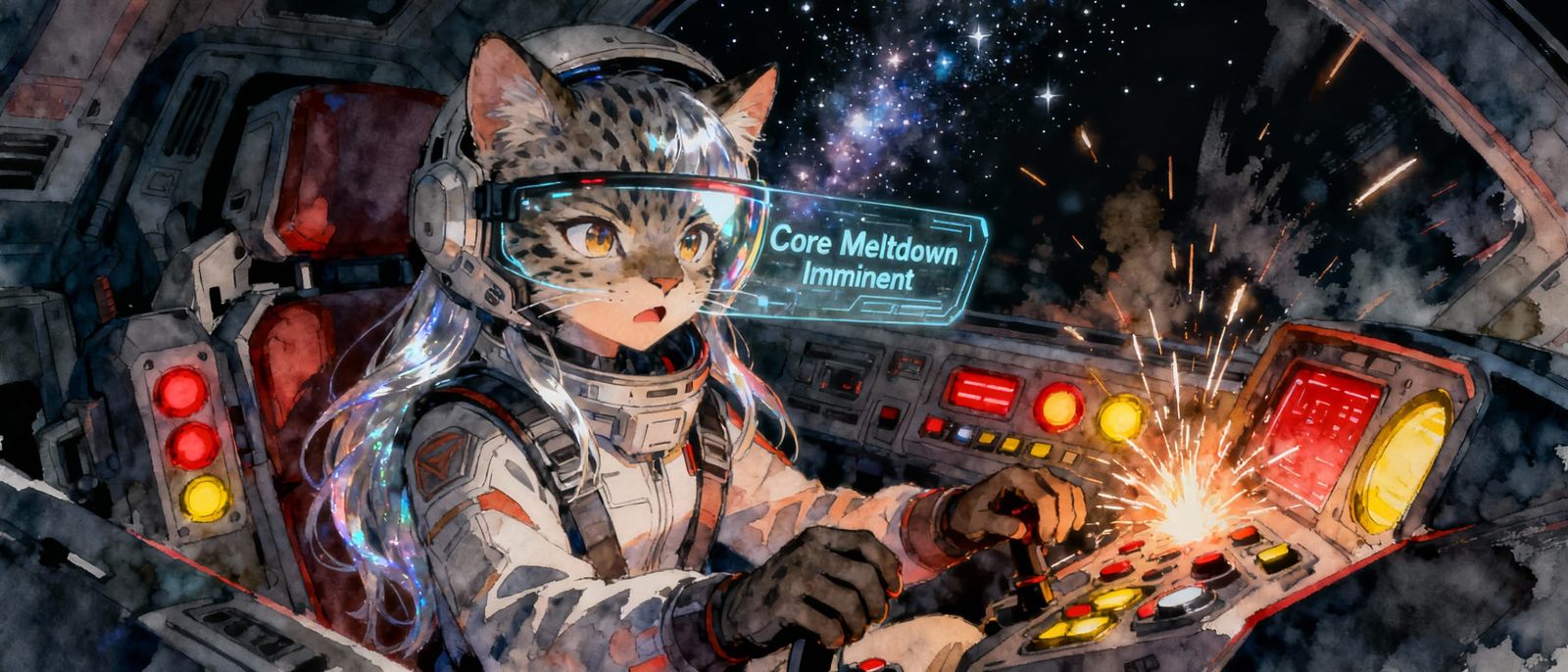 Lynx Pilot in Sci-Fi Cockpit, Watercolour & Anime Style
