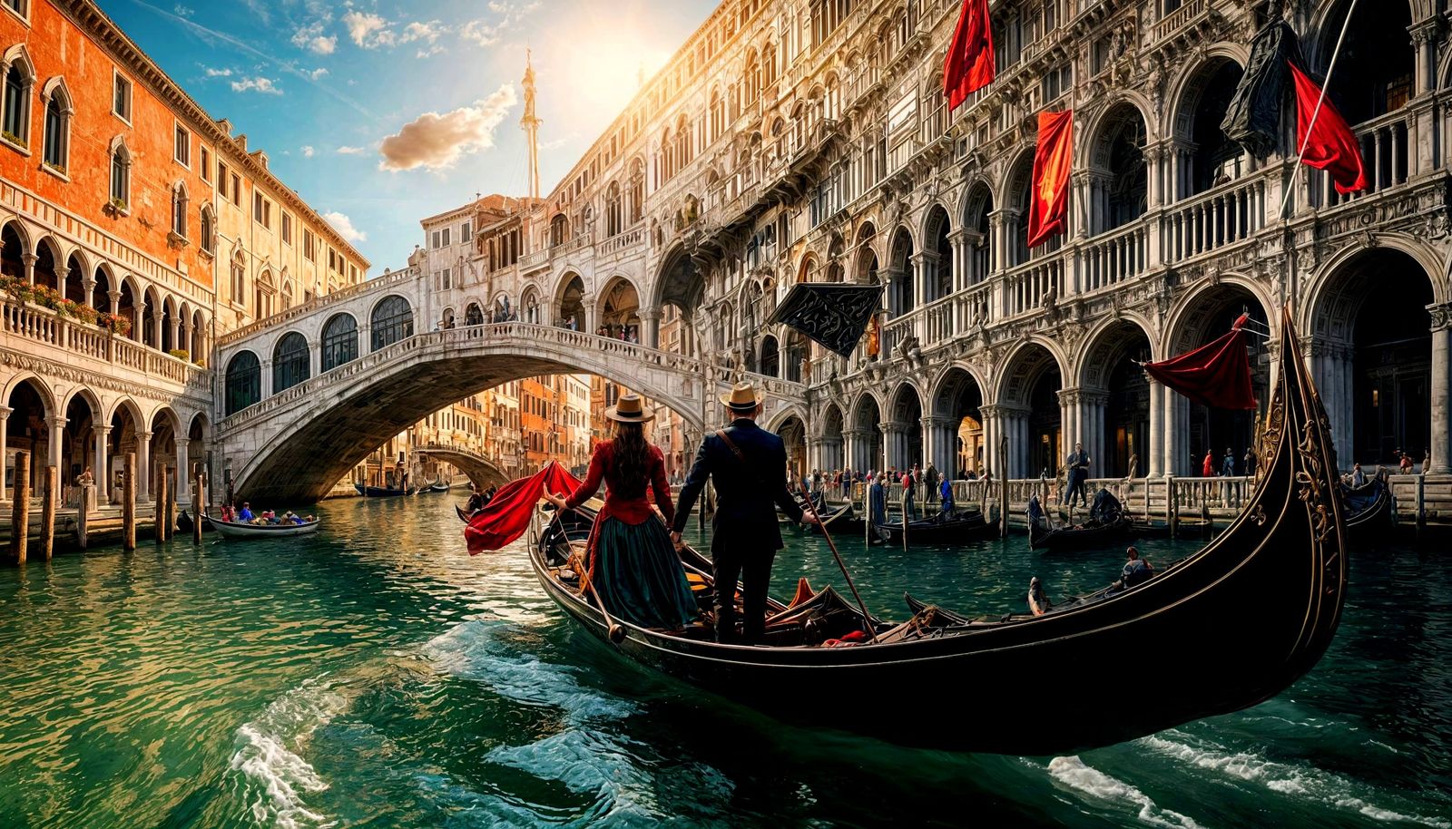 Venice Gondola Ride at Rialto Bridge in Sunlight