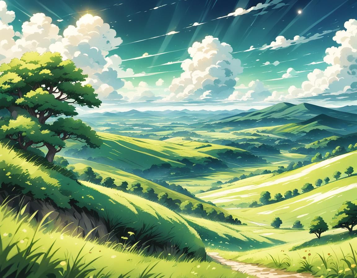 Rolling Green Hills Under a Bright Sky: Anime Style