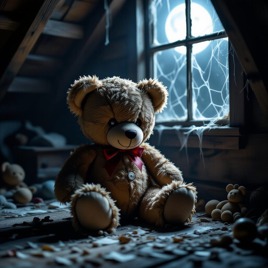 Tattered Teddy Bear in Moonlit Attic, Dark Fantasy Style