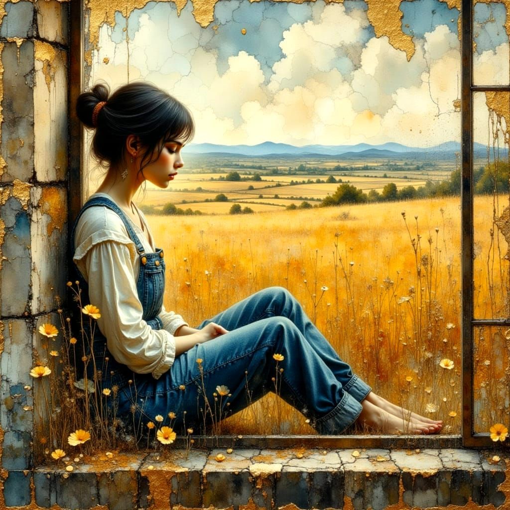 Sad Country Girl Portrait in Impasto Grunge Style