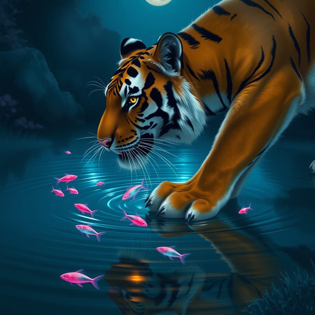 Tiger's Serene Nighttime Encounter with Neon Fish