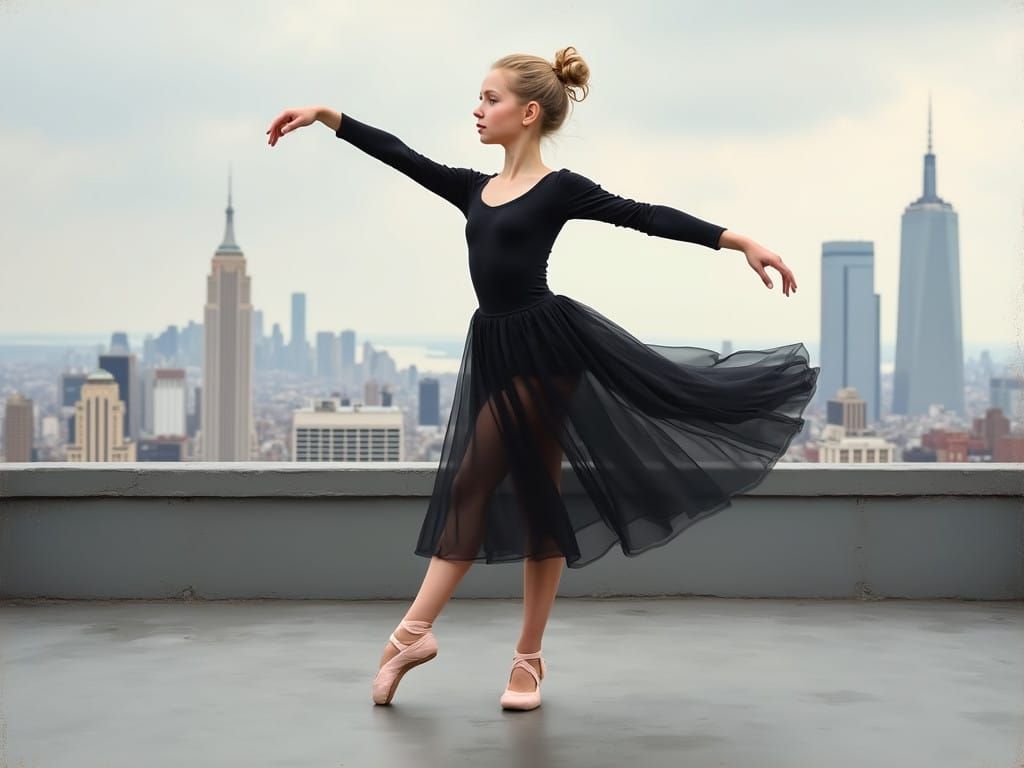 Elegant Ballet Dancer Poses on Rooftop Cityscape