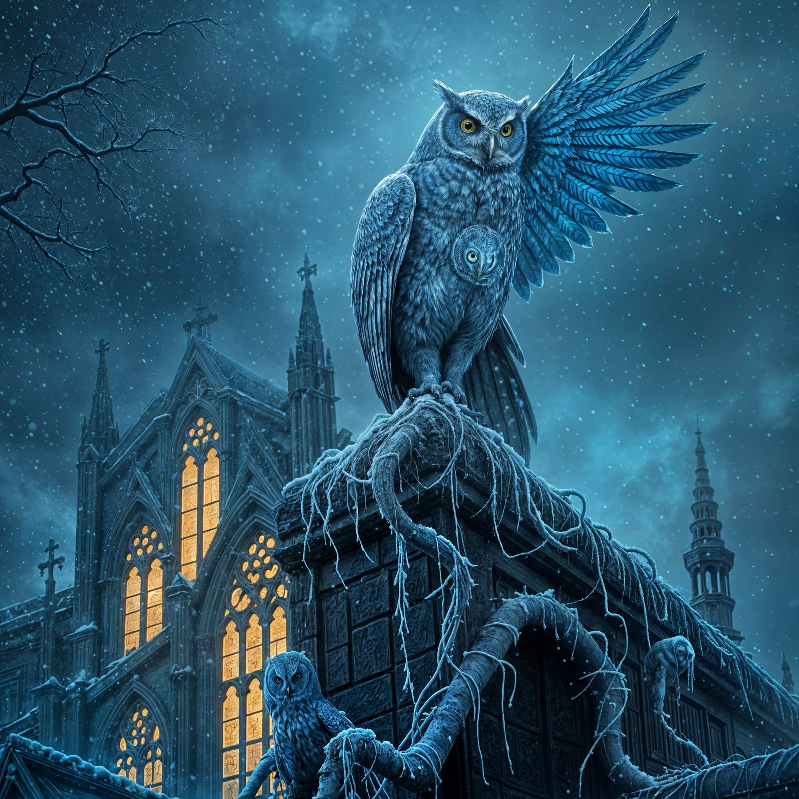 Majestic Blue Owl on Gothic Cathedral in Dark Fantasy Style