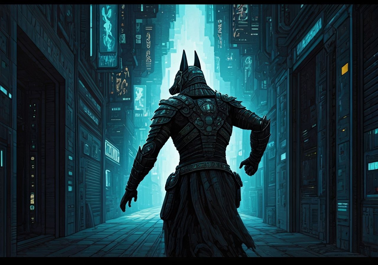 Anubis in Cyberpunk Cityscape Graphic Novel Illustration