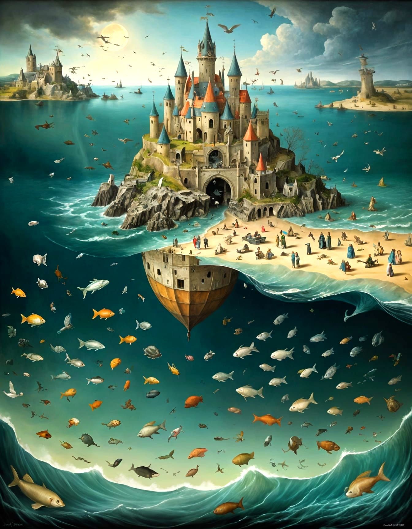 Surreal Sea Undertow in Hieronymus Bosch Style