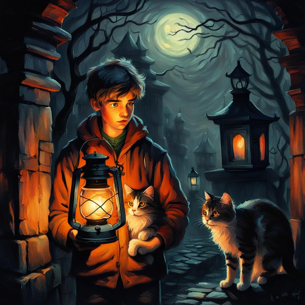 Boy with Lantern and Cat in Neo-Impressionism Style