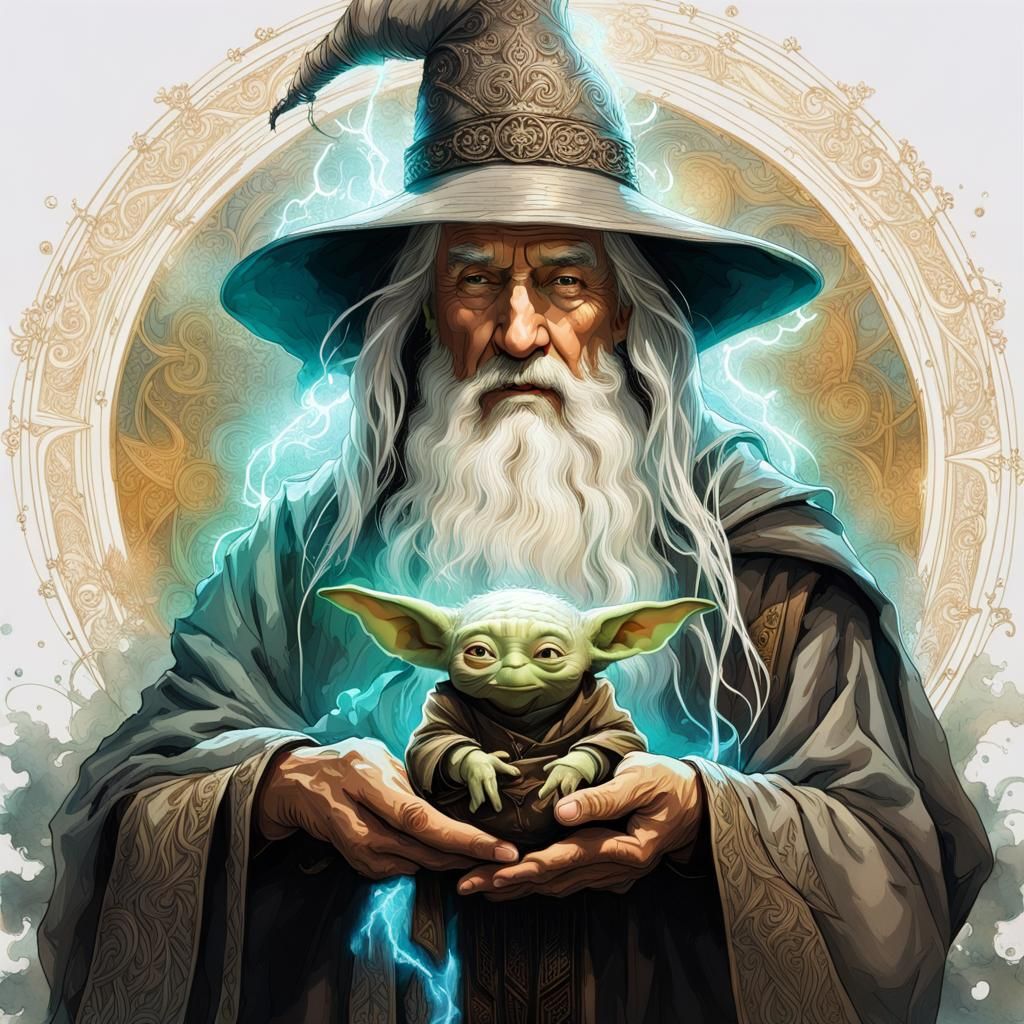 Gandalf and Baby Yoda Portrait in Digital Art Style