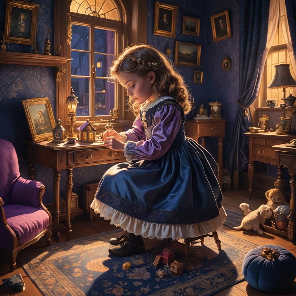 Victorian Girl and Dollhouse: Cozy Evening Scene