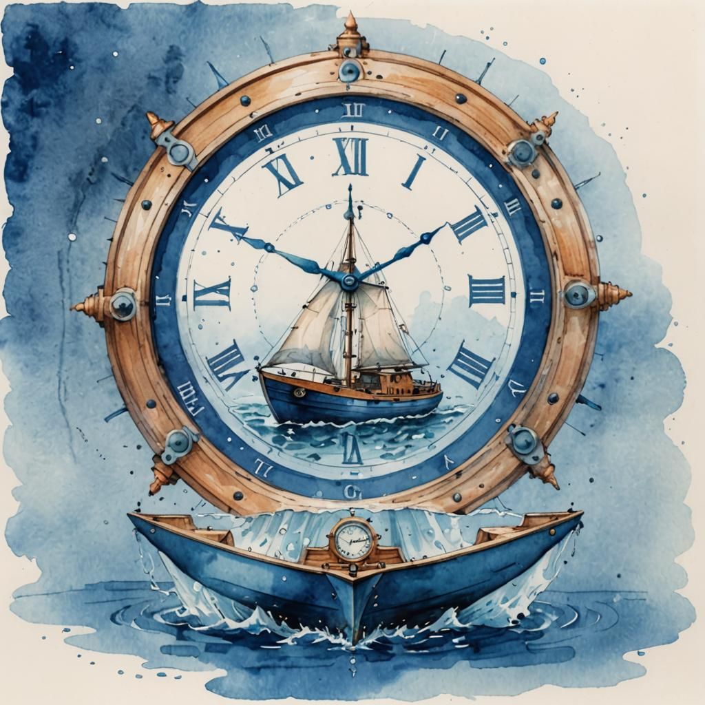 Translucent Boat Enters Clock Portal: Watercolor Art