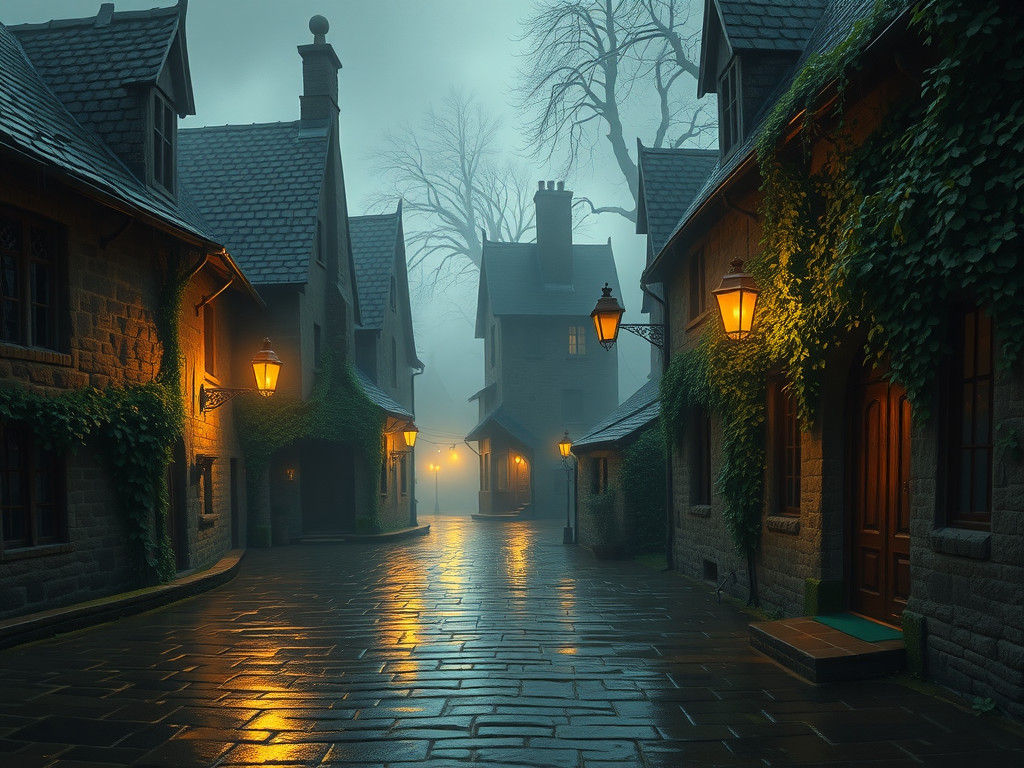 Mystical Medieval Village at Dusk in Muted Tones