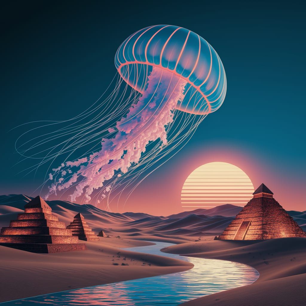 Glowing Pyramids Illuminated by a Serene Jellyfish in a Dese...