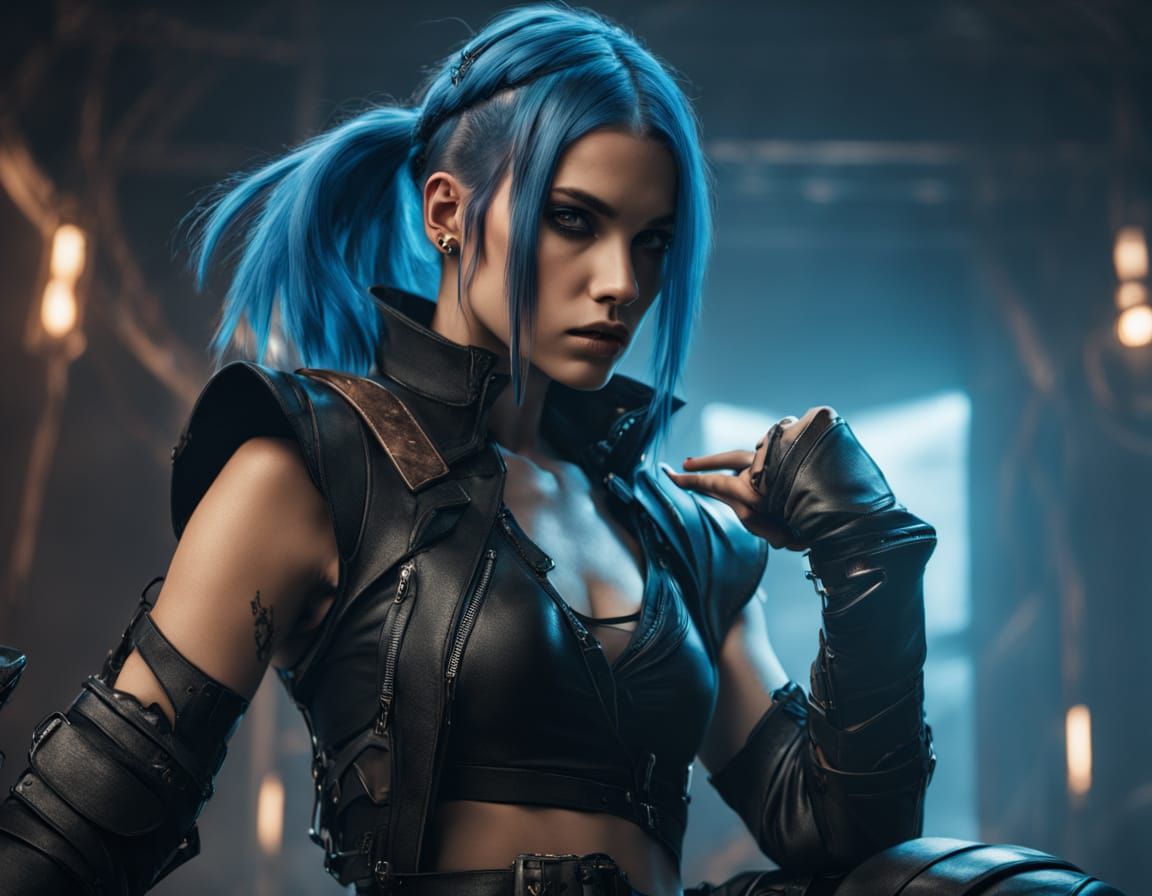 a young woman with striking blue hair
