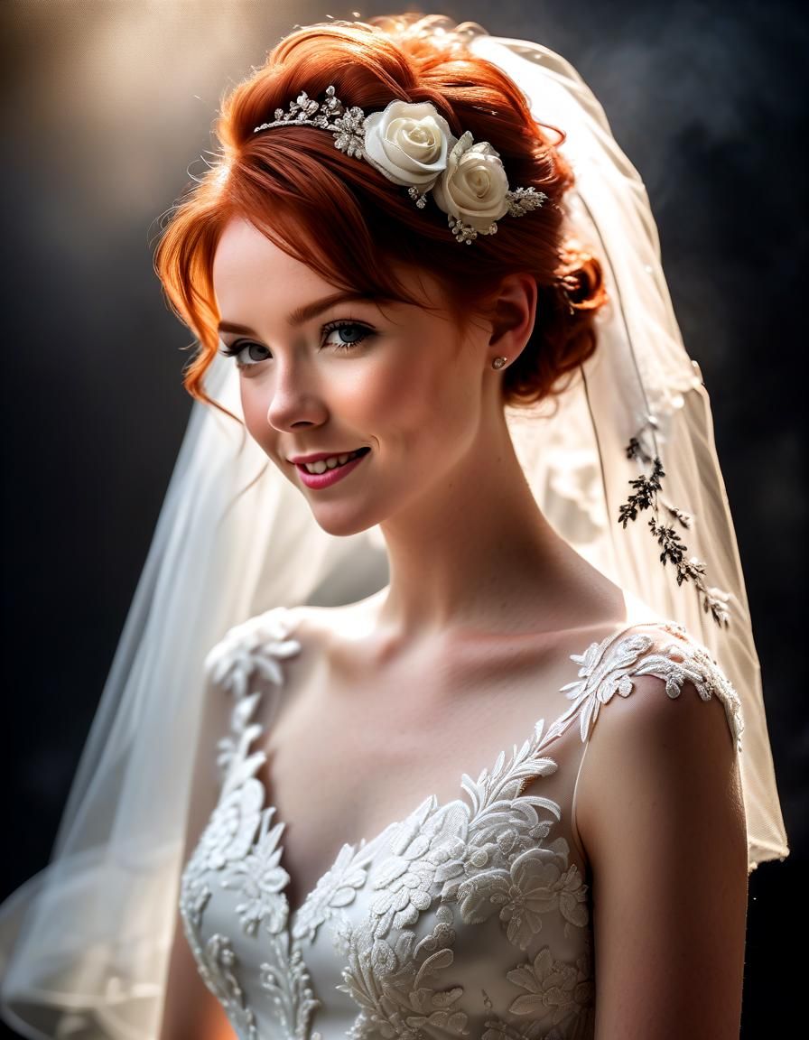 Joyful Red-Haired Bride in Organza Lace Gown