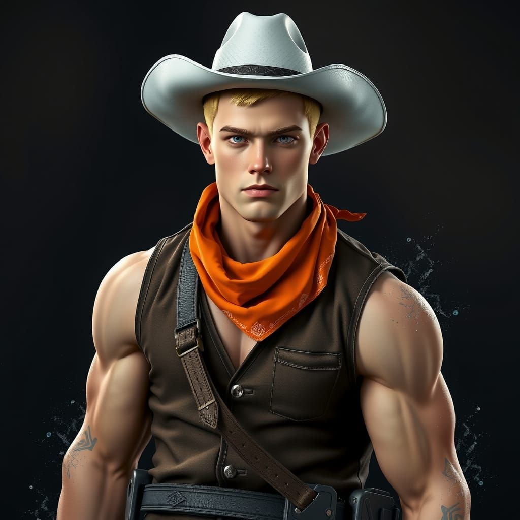 Muscular Man in Cowboy Hat, Detailed Matte Painting