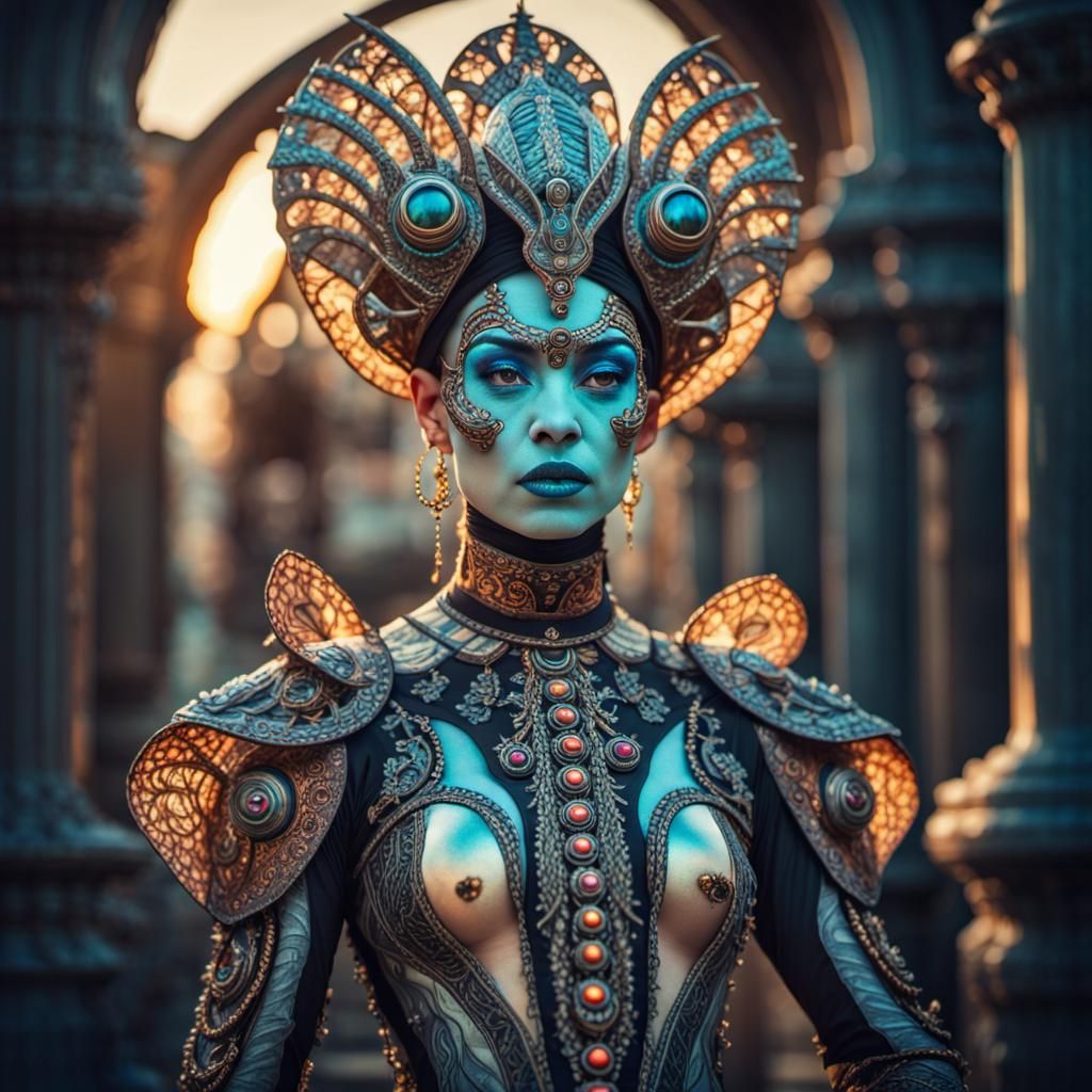 Retro-Futuristic Alien Empress in Gothic Fashion