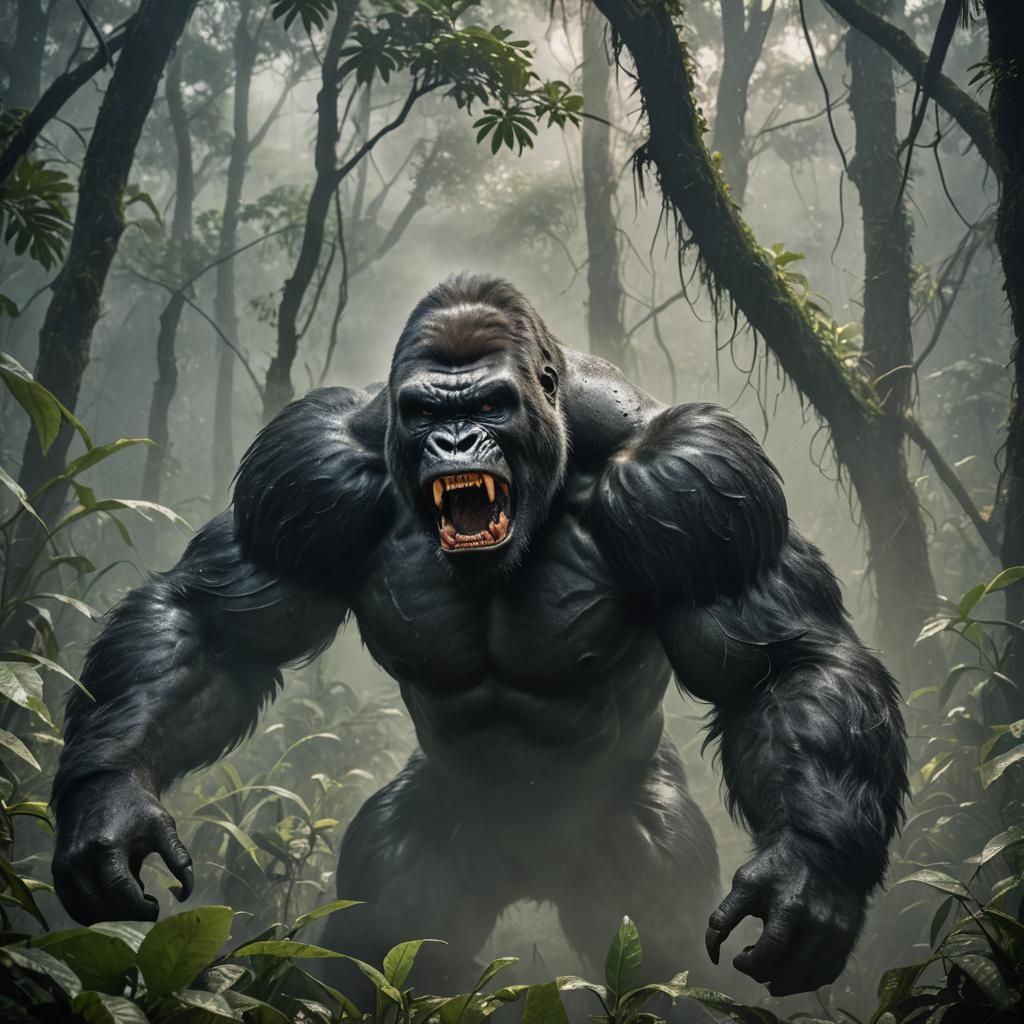 Gorilla-Venom Hybrid Roaring in Misty Jungle