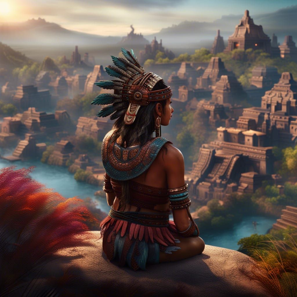 Aztec Woman Overlooking Village in Detailed Matte Painting