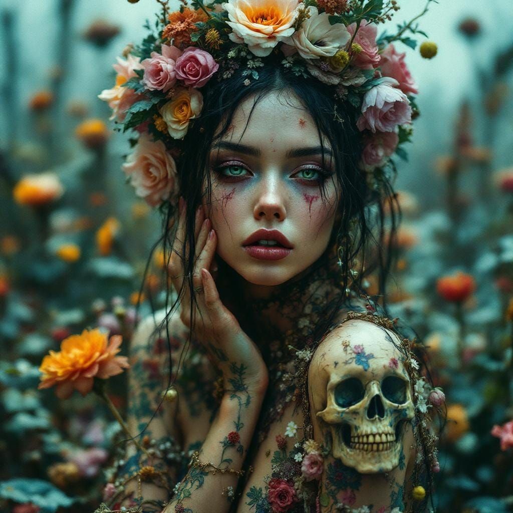 Floral Girl in Dystopian Scene, Ellen von Unwerth Style