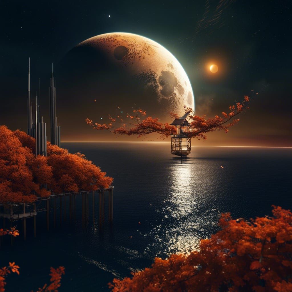 Titan Space Elevator with Autumn Sea