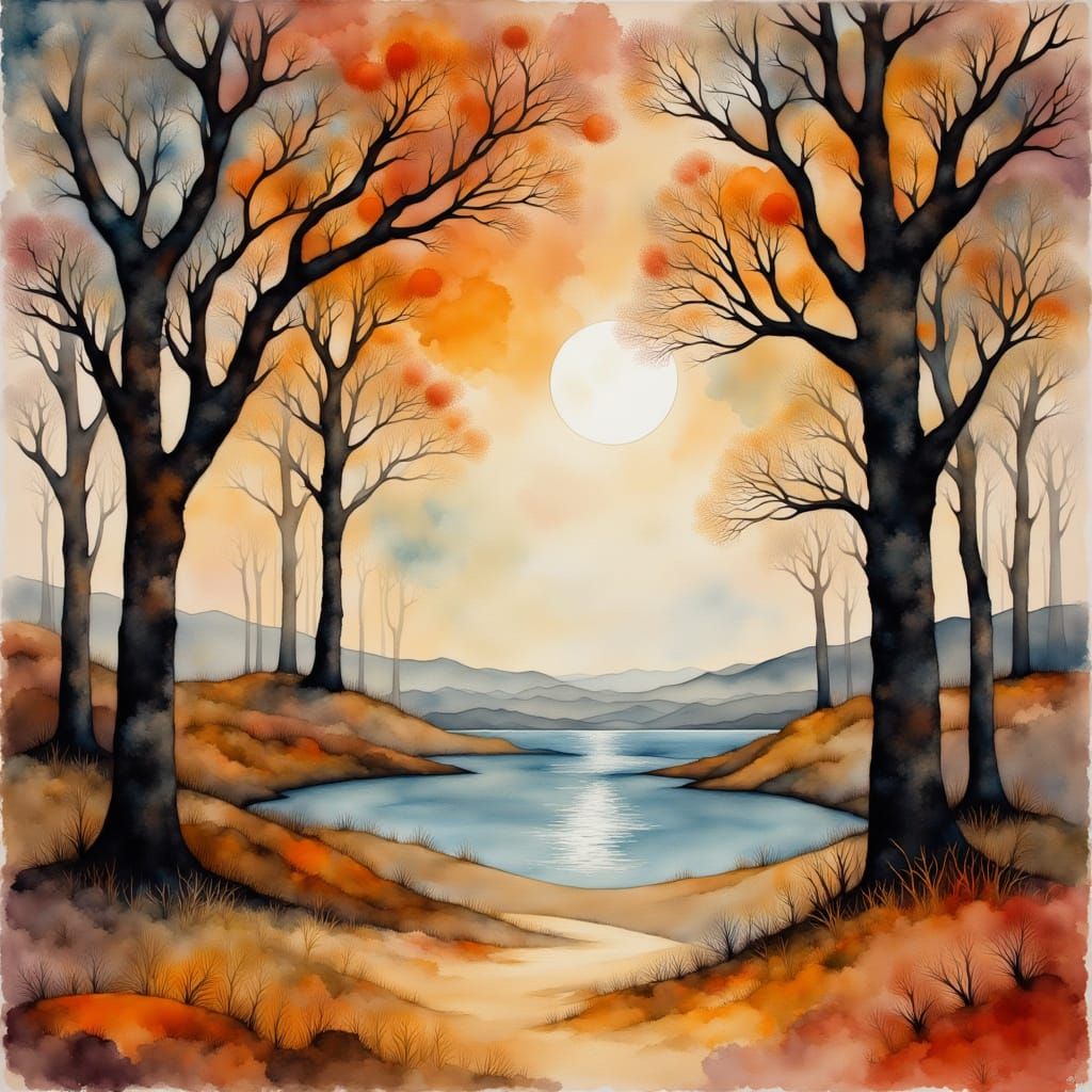 <lora:Liquid Ink Flux:1.0> A barren tree standing beside an ...