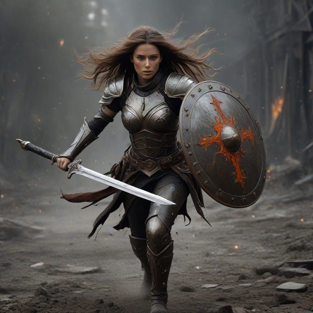Warrior Woman on Chaotic Battlefield in Hyperrealistic Style