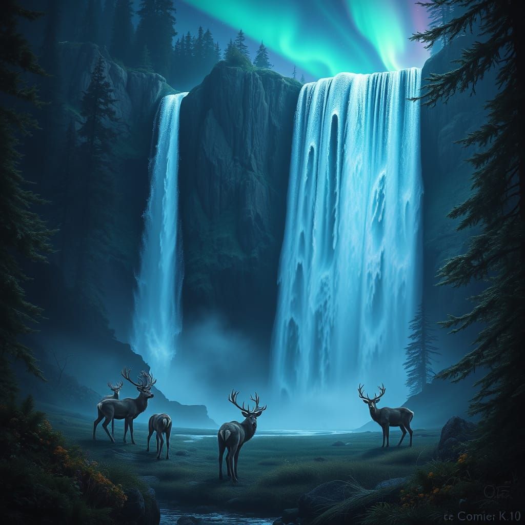 Northern Lights Waterfall with Mystical Deer