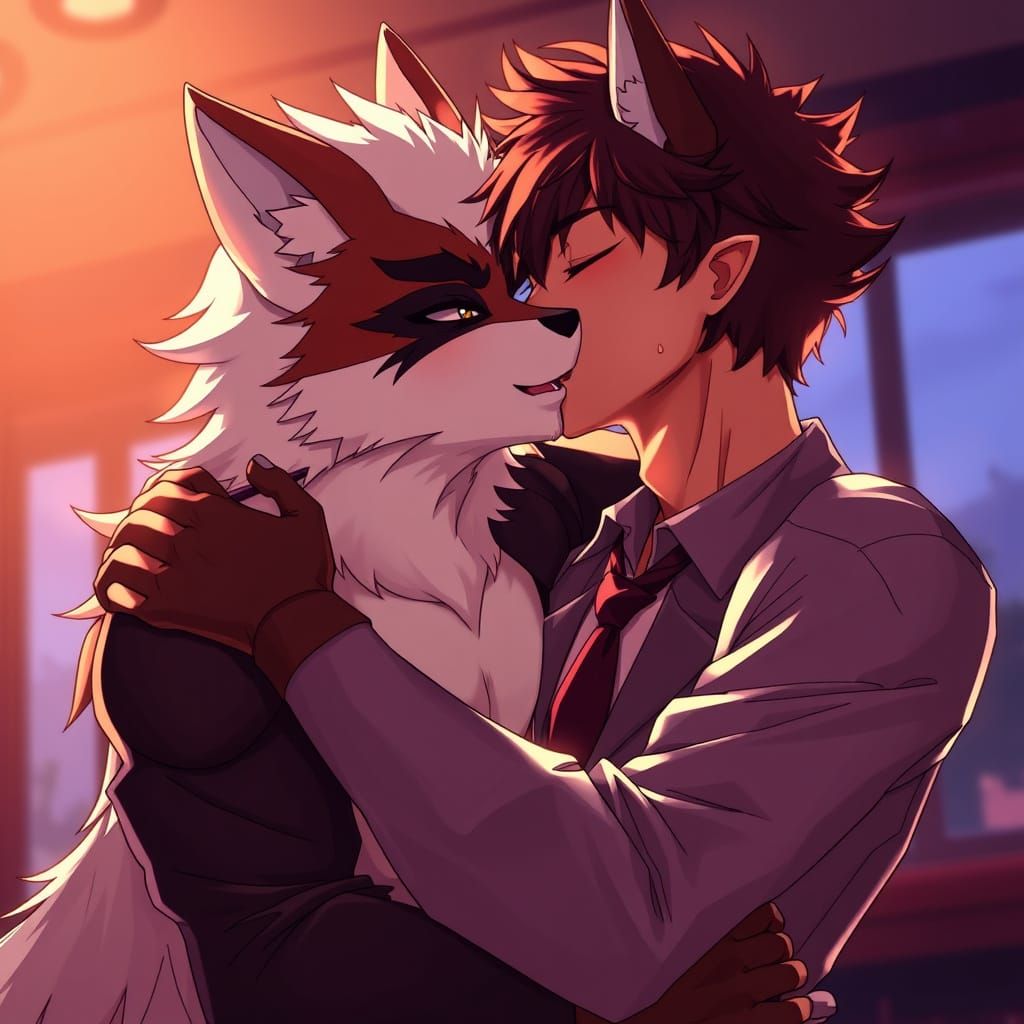 Tender Gay Furry Embrace in Studio Trigger Style