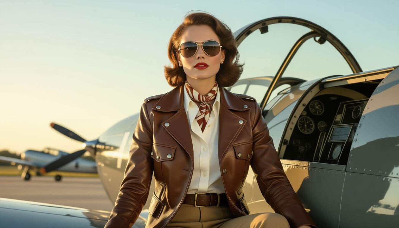 1950s Aviator in Amelia Earhart Style, Golden Hour Lighting