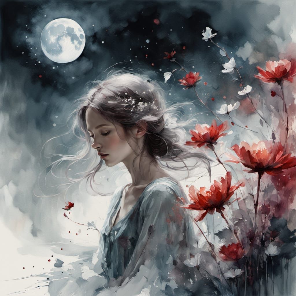 Vibrant Moonlit Summer Landscape in Whimsical Watercolor Sty...