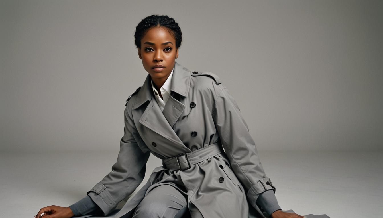 Elegant Black Woman in Grey Trench Coat Studio Portrait