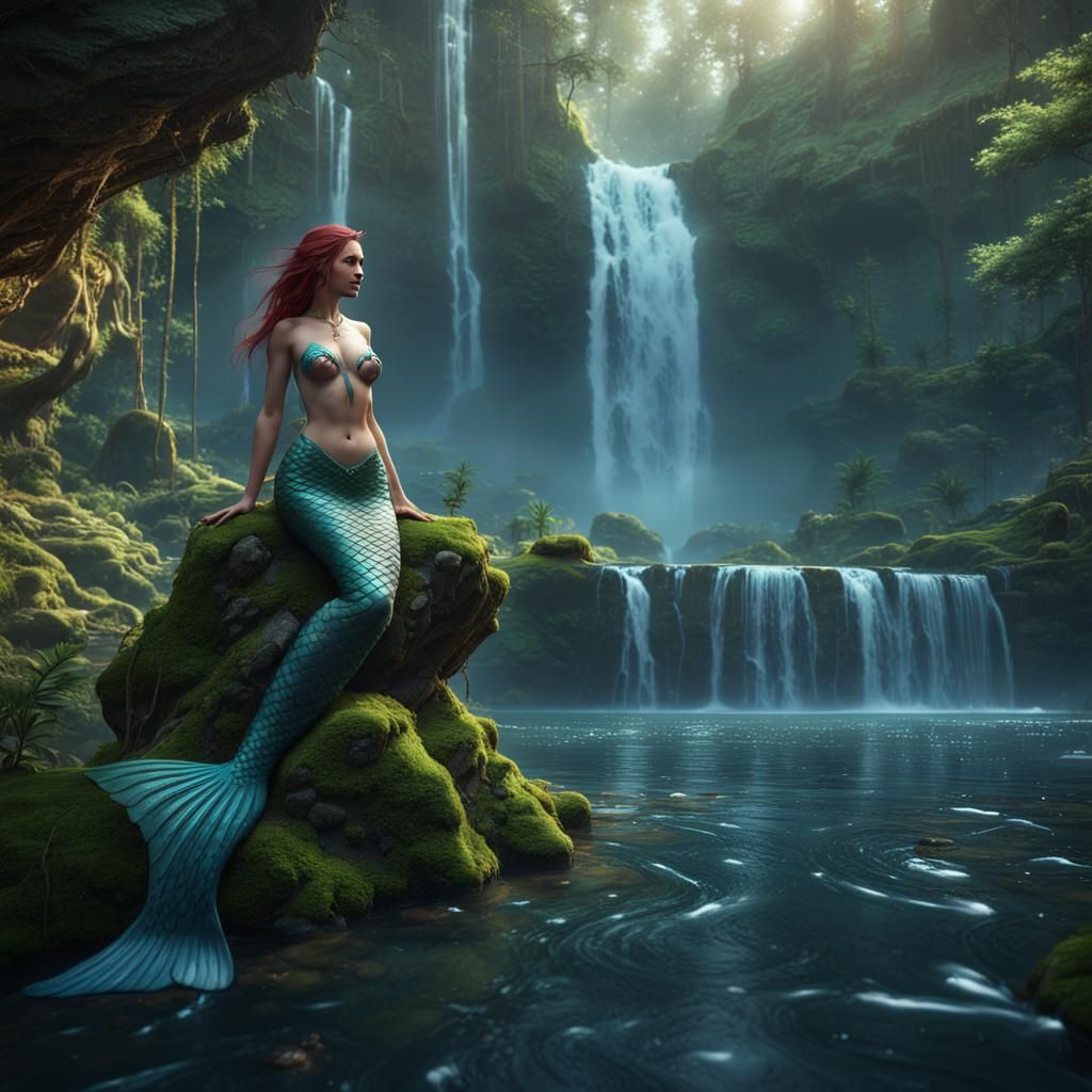 Mermaid in Forest River Landscape, Detailed Matte Painting