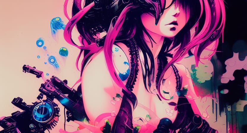 3/4 portrait neon ink anime action model with tattoos made of Hiroaki Takahashi art ultra perfect composition 3d liquid ...