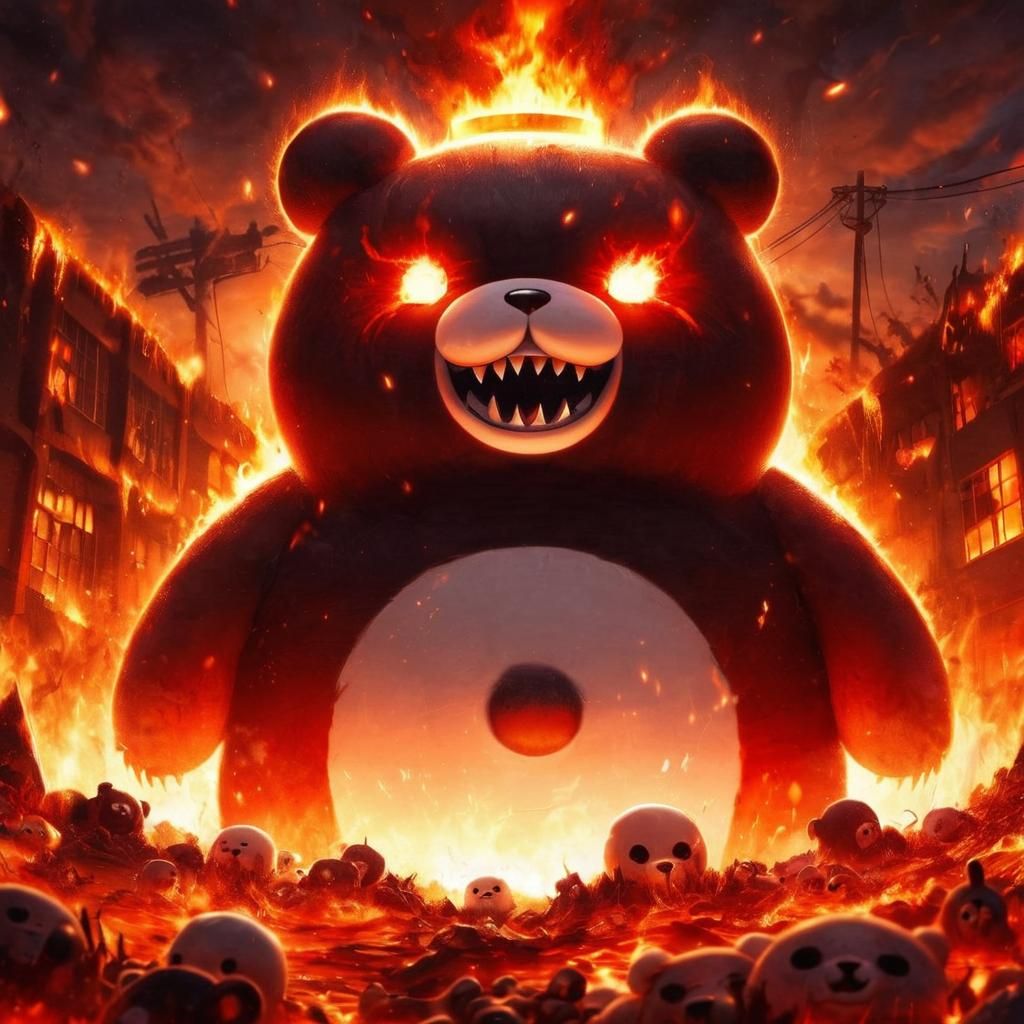 Evil Monokuma Bear Rising from Fiery Apocalypse