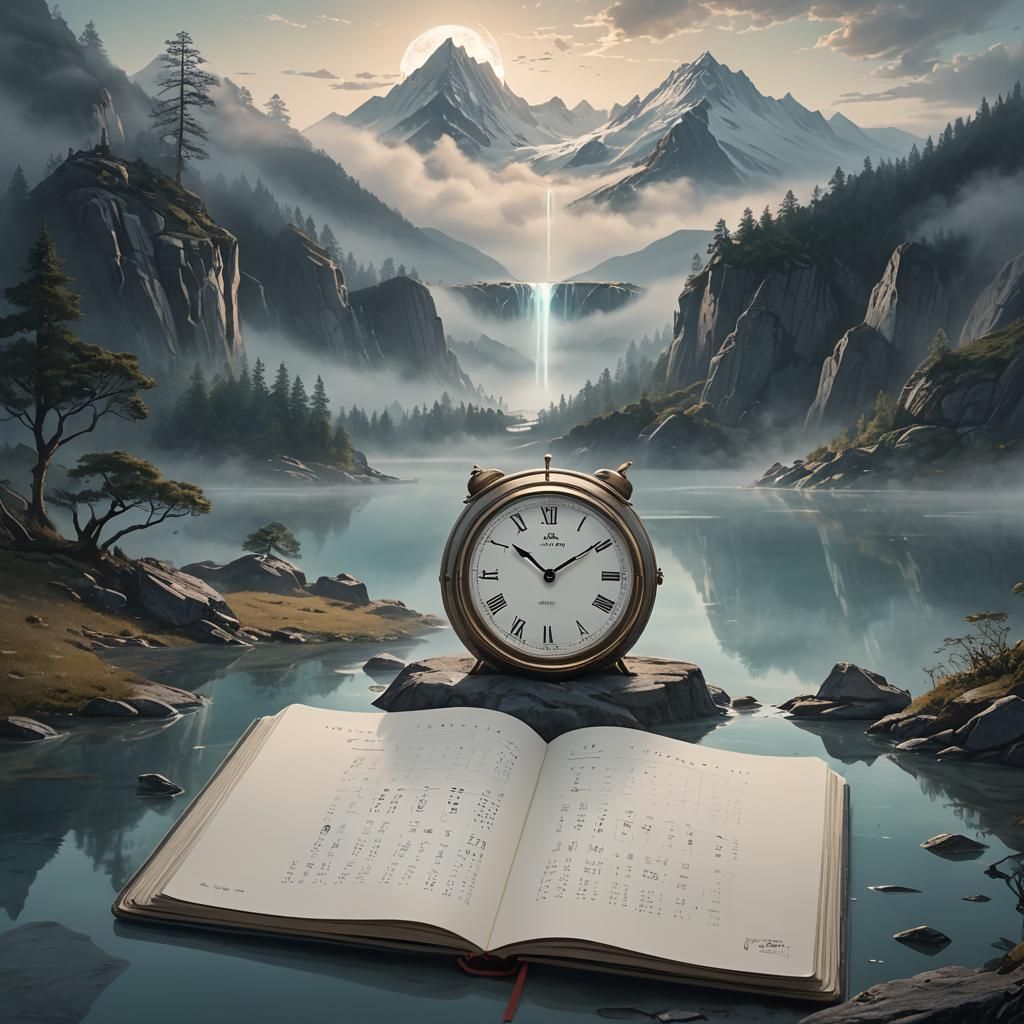 Ethereal Clock Floats Above Misty Mountain Landscape