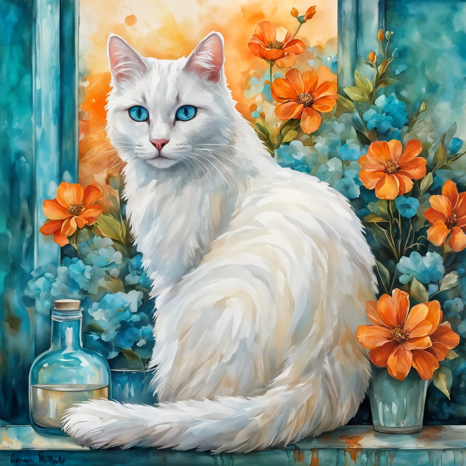 Whimsical Cat Amidst Vibrant Blooms in Ethereal Light