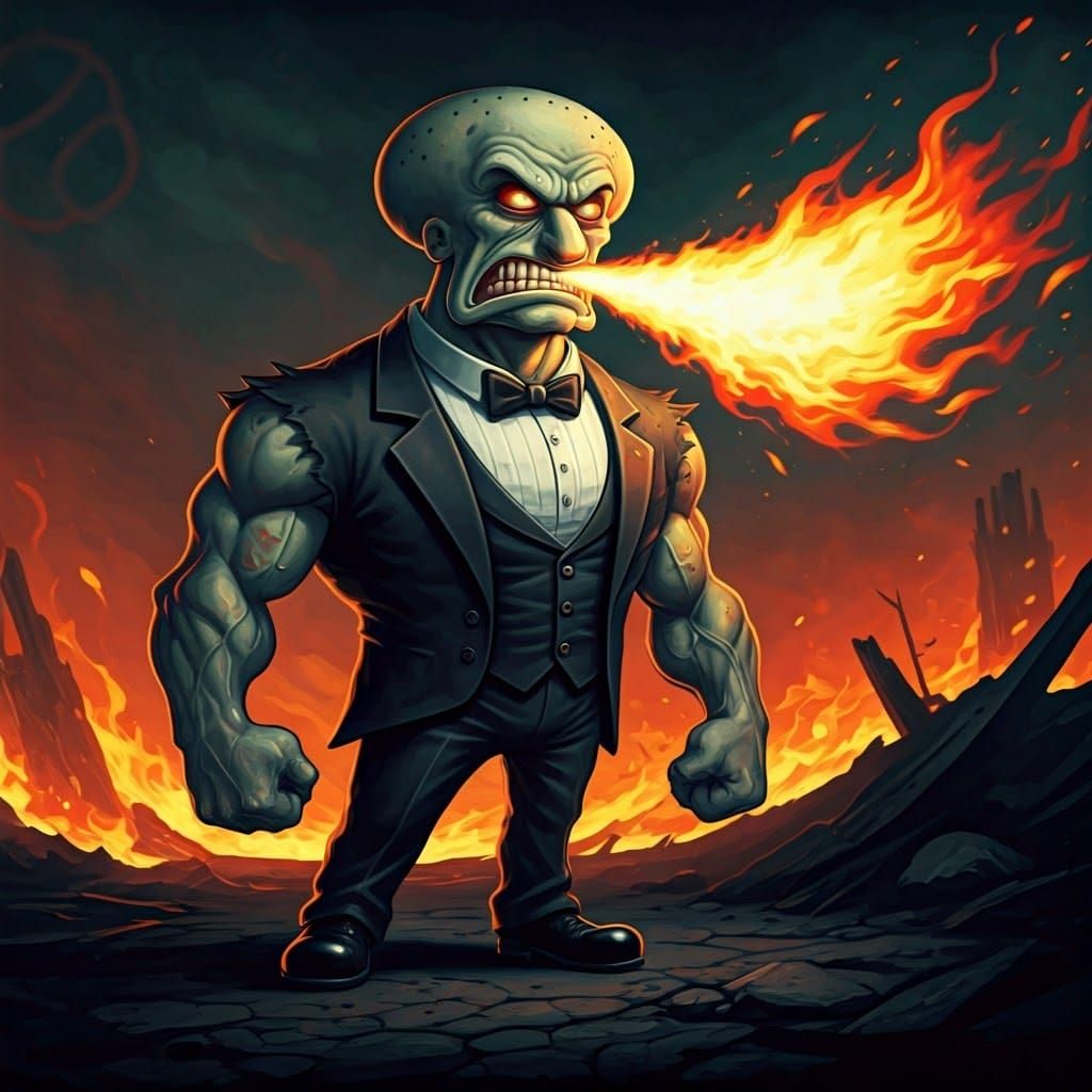 Furious Squidward-SpongeBob Fusion in Apocalyptic Bikini Bot...