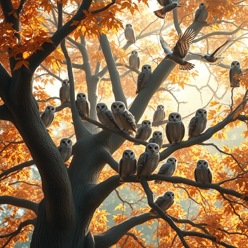 Autumn Owls in a Gnarled Chestnut Tree