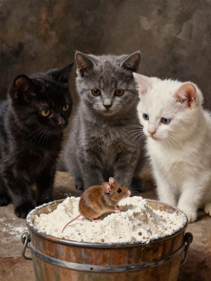 Kittens Watch Mouse in Flour Barrel, Watercolor Sfumato Styl...