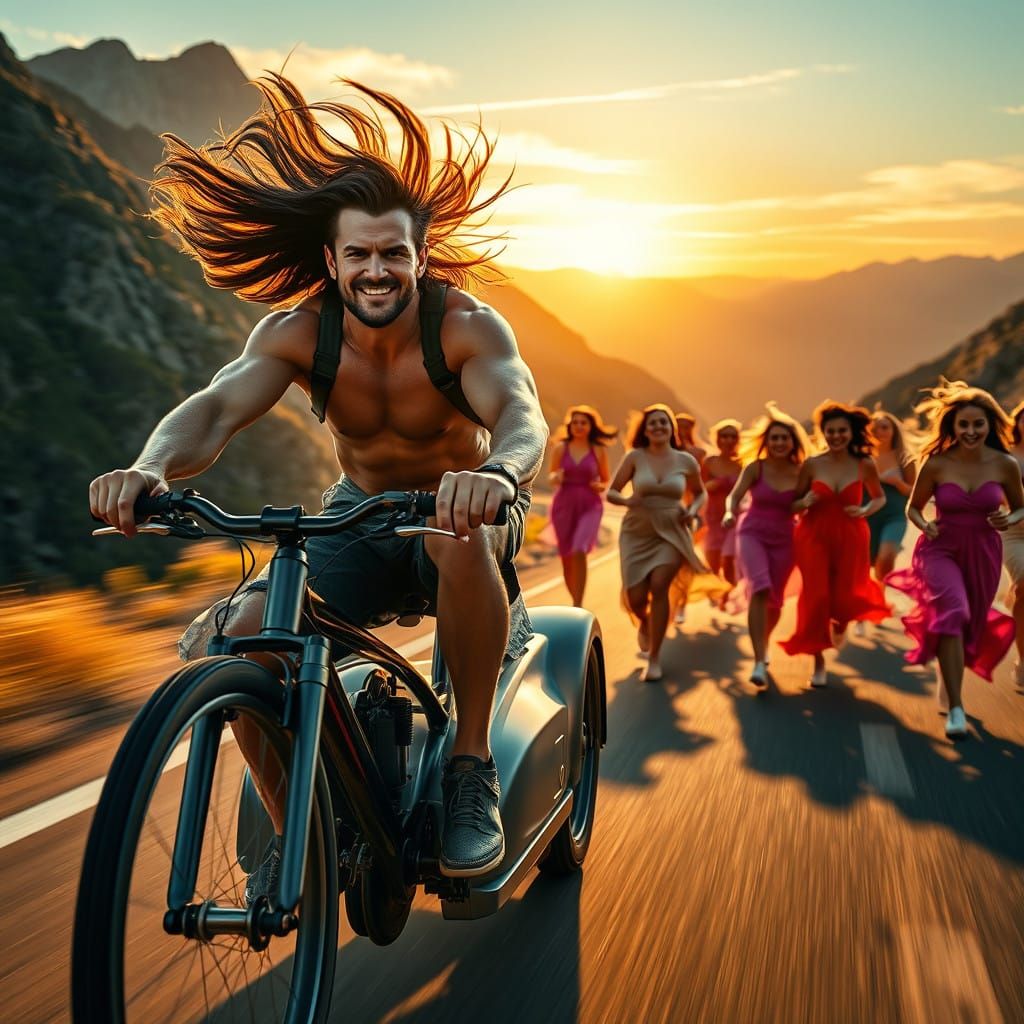 Rugged Biker Chased by Vibrant Women in Sunset Landscape
