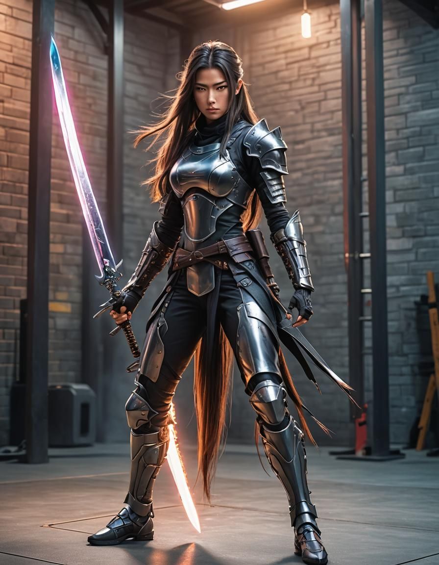 Futuristic Ninja Girl with Glowing Sword in 3D Anime Style