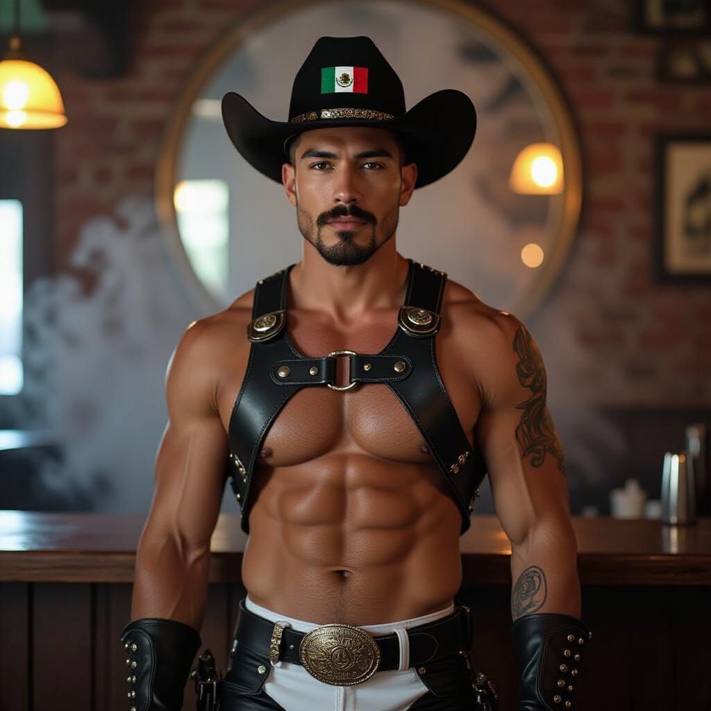 Muscular Mexican Man in Smoky Bar with Cowboy Hat