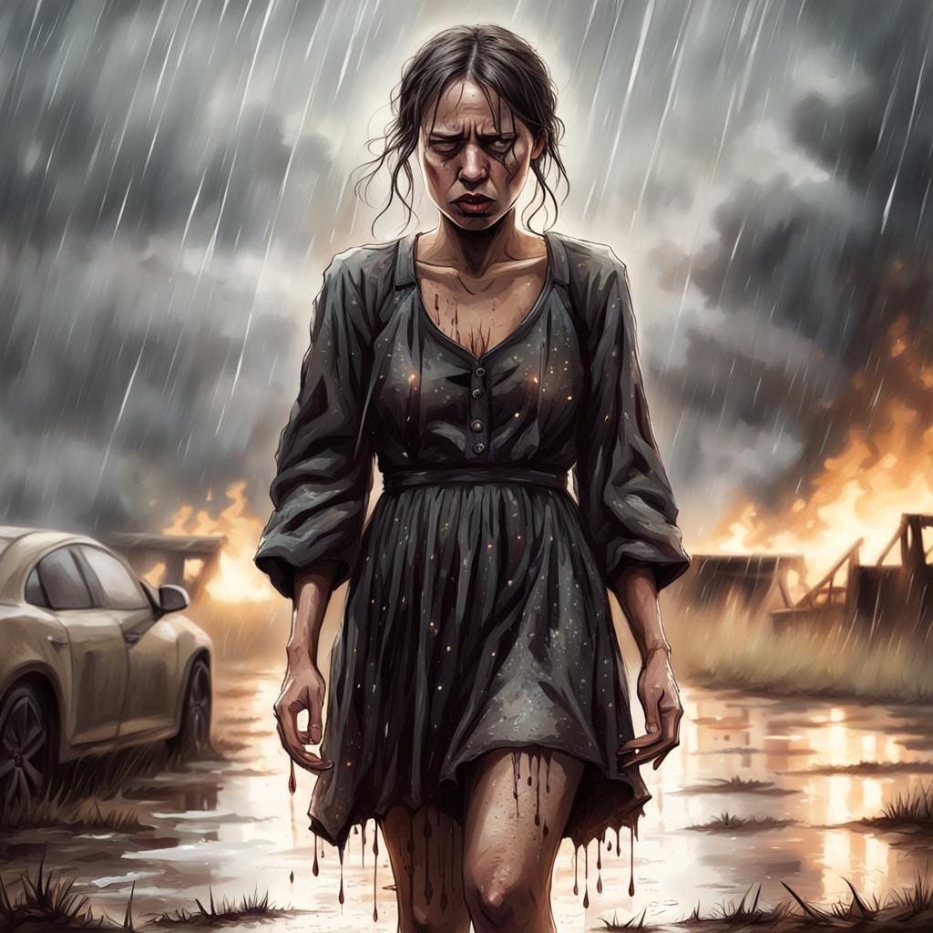 Depressed Girl Crying in Burning Field, Sinister Art