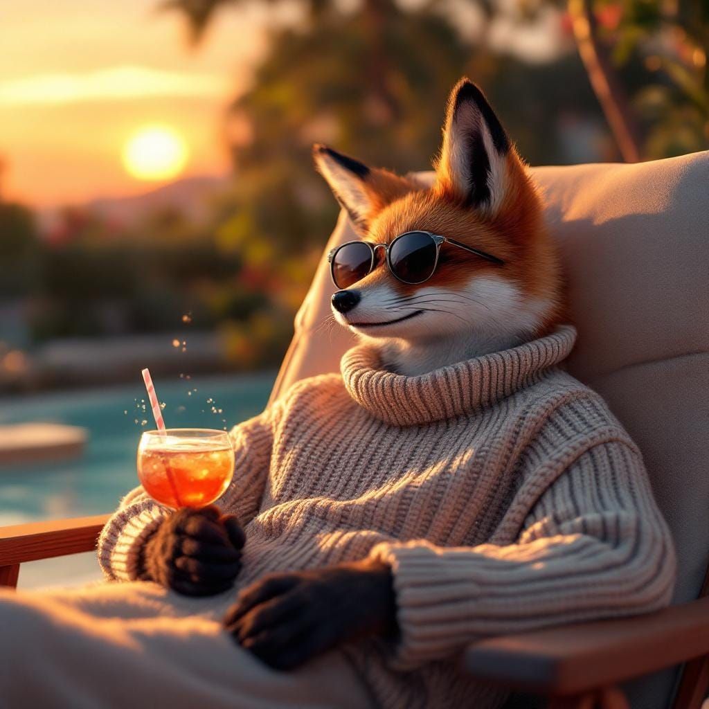 Fox in Sunglasses Reclines at Sunset: Anime-Inspired 3D Art