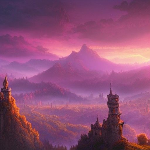 Fantasy Castle in Purple Valley: Detailed Matte Painting